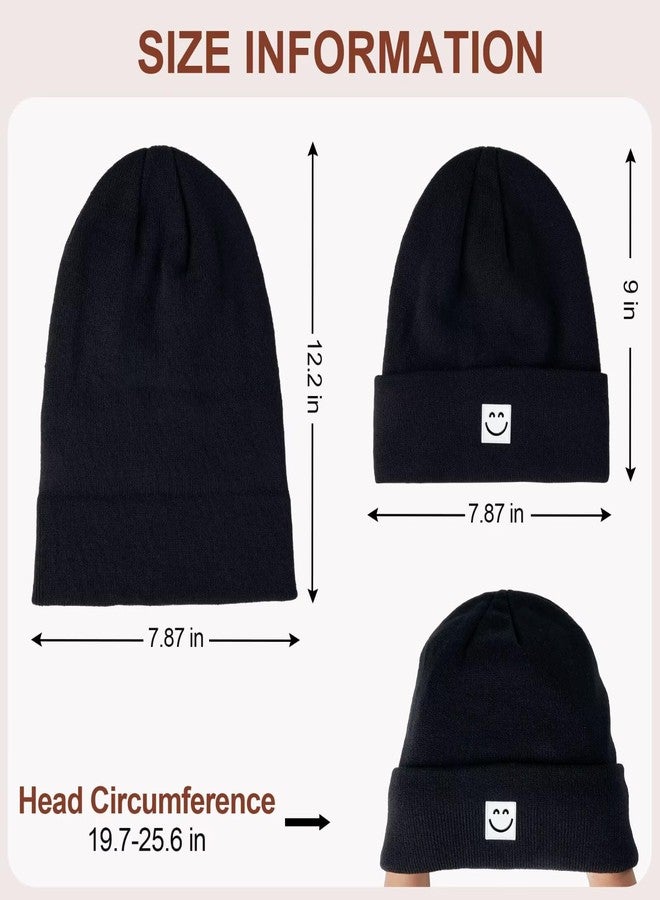 Hispeka Winter Beanie Hats for Women Men 3Pack,Fleece Lined Womens Winter Hats with Smiley Face,Warm Cute Beanie for Cold Weather（Camel+Black+Black/White） - Image 3